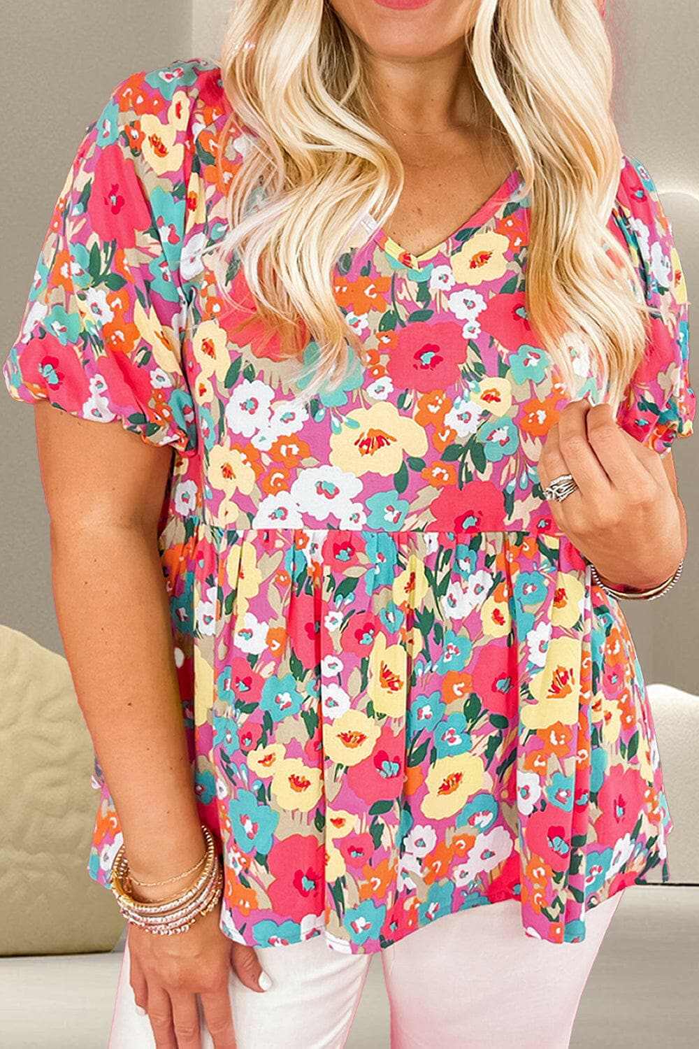 Floral peplum blouse - v-neck, short sleeve - Love Salve